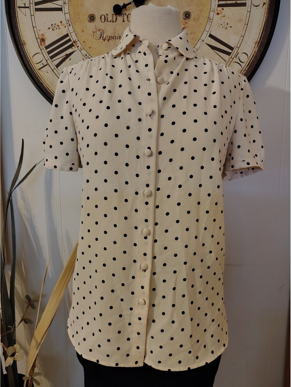Vintage Style Cream Polka Dot Button-Up Blouse Small - Picture 5 of 9